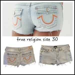 New TRUE RELIGION Joey Low Rise Cut Off Denim Jean Shorts Flap Pockets Women 30